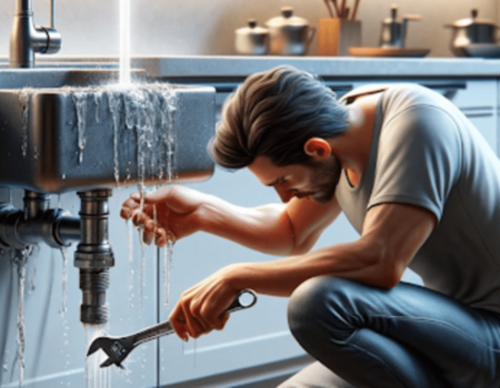 A man fixing a sink in a kitchen.