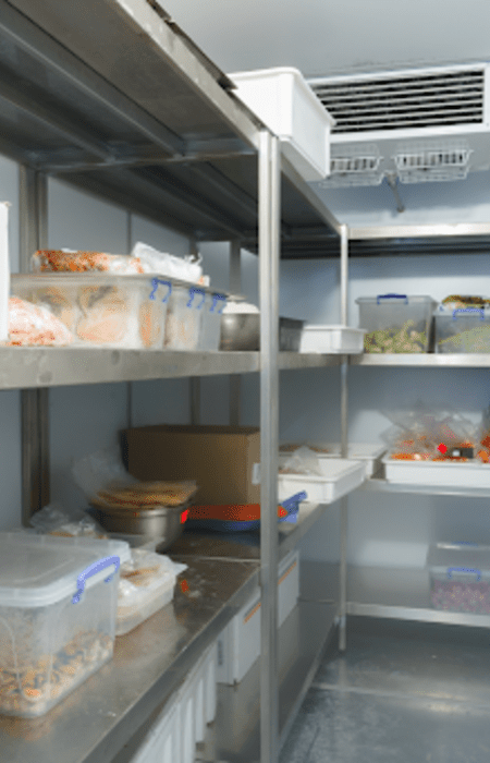 A walk-in freezer filled with various food items and other items.
