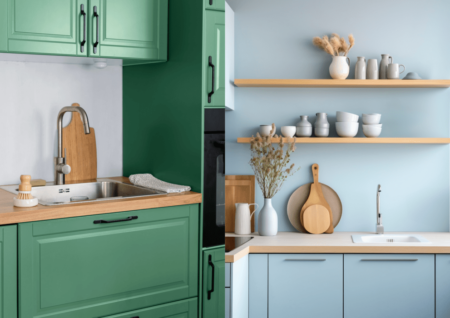 Green and Blue Cabinets in two separate kitchens