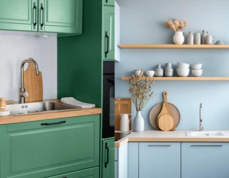 Green and Blue Cabinets in two separate kitchens