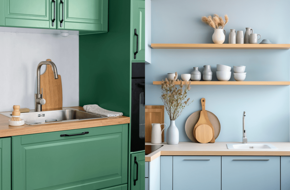 Green and Blue Cabinets in two separate kitchens