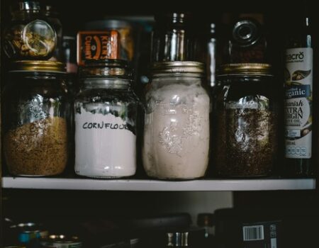 Jars in storage. cornflour label on one of them.