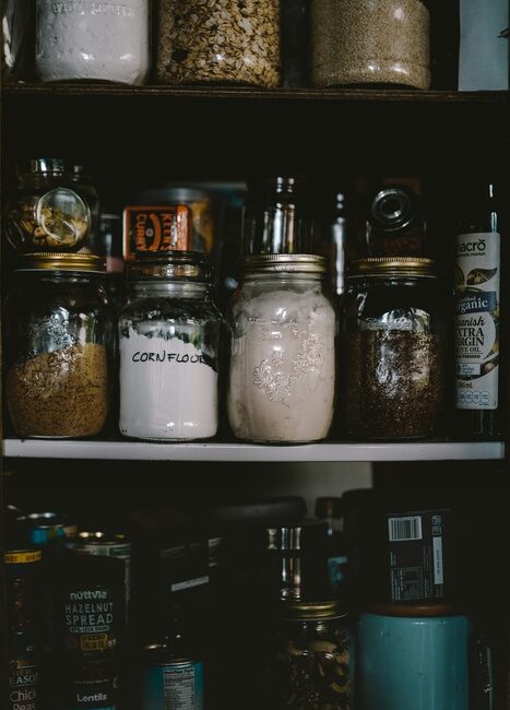 Jars in storage. cornflour label on one of them.