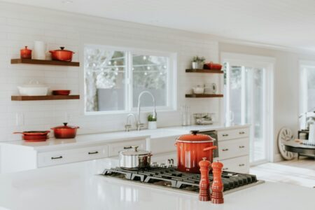 Kitchen with Crockery Pots and white furnishings